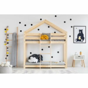 Domčeková poschodová detská posteľ z borovicového dreva 90x200 cm v prírodnej farbe Mila DMP – Adeko
